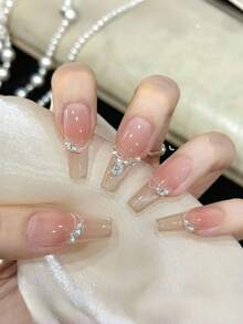 10pcs Handmade Nails Almond Coffin Nails Press On Nails Long, Gentle Pink Blush Pink Nails, Flashy Iced Cateye French Tip Nail Tips, Nail Gems Zirconia Diamond Inlaid, Edgy Elegant Luxury Handcrafted Autumn Nails, Fall Press On Nails, Party Daily & Dating Use Beach Tropical Getaway Suitable,DIY False Nail Art Suitable For Women & Girls As Gift Nail Supplies