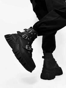 SLnU3 SLNU★3 Men's Fashionable Casual Thick Sole High Top Shoes  Punk  Casual    Fashion Cool Punk Style  Outdoor    Spring And Autumn - 全黑 - 查看 5