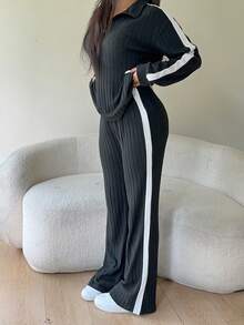 2pcs Women Casual Ribbed Knit Zip-Up Crop Top And Wide Leg Sweatpants Set, Suitable For Outdoor, Jogging, Walking, Street Wear In Spring And Autumn, Winter Clothes - Black - View 6