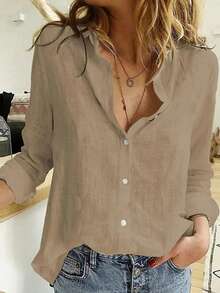 Women's Cotton Linen Blouse Long Sleeves Plus Size - Brown - View 10