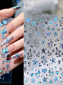 1 pieza Pegatinas de uñas con brillo 5D de estampado de leopardo, decoraciones de uñas con brillo/estampado de leopardo, estrellas, corazones, lazos, arte retro Y2K autoadhesivo para manualidades de manicura de Halloween y Navidad, suministros para uñas