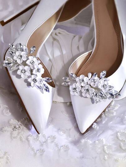 1 Pair (2pcs) Handmade Women's Crystal High Heel Shoe Clips, Resin Flower Decor, Removable Shoe Clips Suitable For Wedding, Photography, Party, Christmas, Halloween
