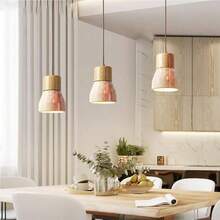Farmhouse Mid Modern Pendant Small Simple Natural Stone Chandelier Wood Vintage Decorational Hanging Lamp E2627 Base Kitchen Island Dining Table Bedroom RestaurantWood Color - Color de la madera - Ver 4