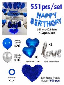 553pcs Blue & Silver Birthday Balloon Kit, 500pcs Non-Woven Fabric Petals, Happy Birthday Banner Letters + Love & Heart Foil Balloons, Dark Aesthetic Party Backdrop, Suitable For Romantic Couple Bedroom Decor, Midnight Surprise Birthday Party Decoration - 彩色 - 查看 14