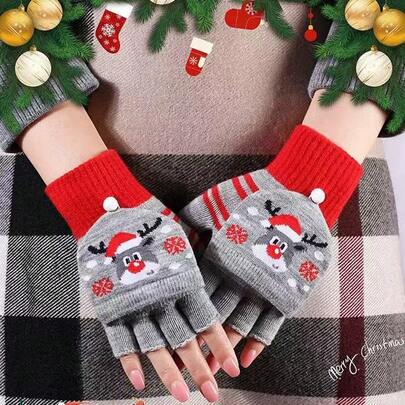 1 par de luvas de Natal para mulheres, luvas de ciclismo outono/inverno, luvas quentes com meio dedo e abertura superior, luvas sem dedos de malha com desenho animado fofo, adequadas para ciclismo, estudantes, trabalhadores de escritório