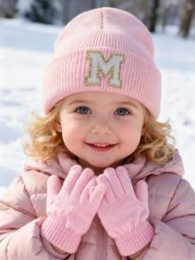 3pcs Knitted Hat And Gloves Set, Embroidered With Personalized A-Z Letters, Infant Knit Beanie, Toddler Kids Knit Hat With Pom Pom, Suitable For Baby Boys And Girls - Pink - View 2