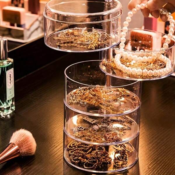 1pc Rotating Multi-Layer Jewelry Organizer - Transparent Plastic Storage Box For Accessories, Dust-Proof Makeup Holder With Large Capacity