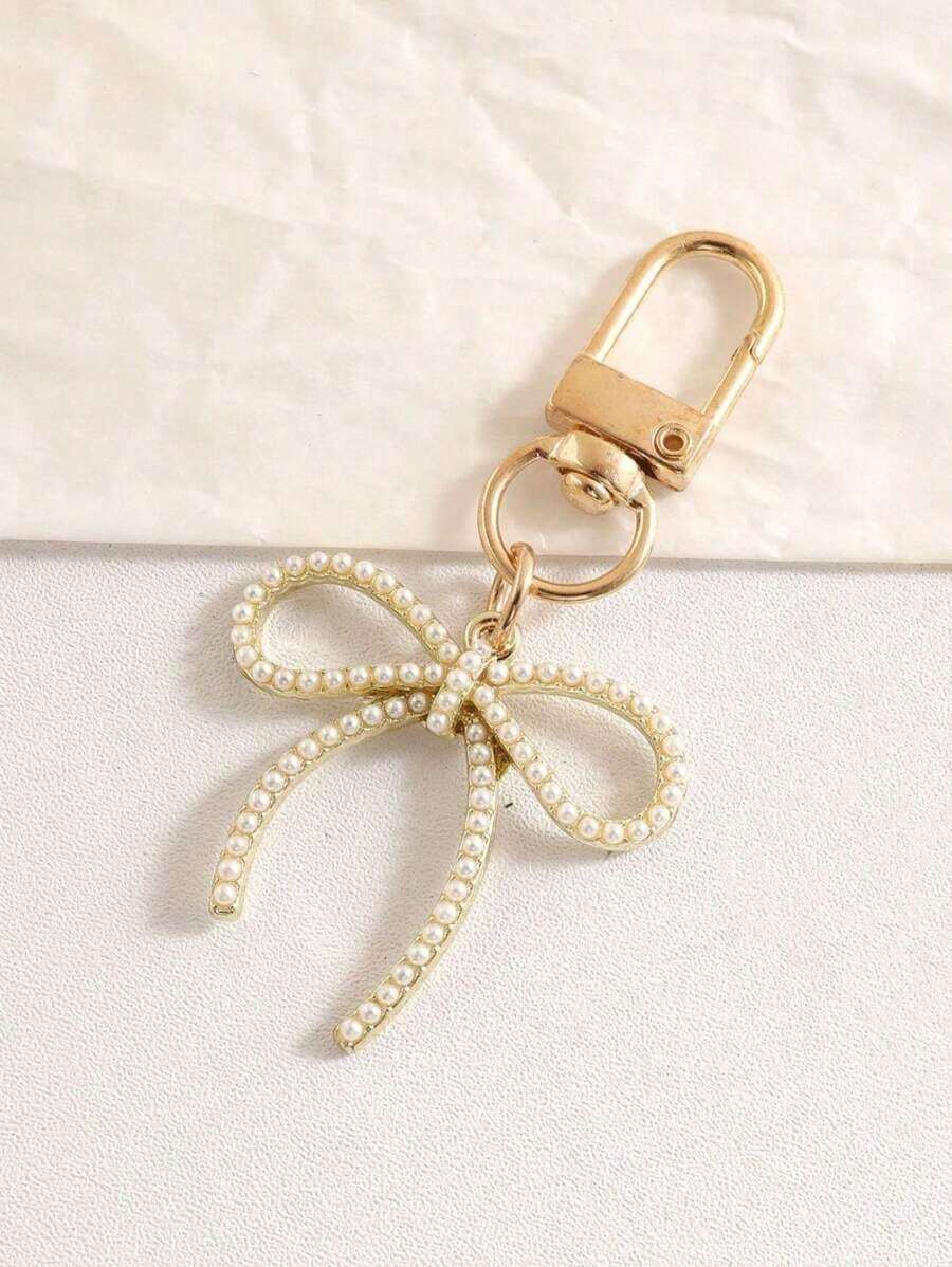 1pc Women's INS Style Faux Pearl Bow Keychain Elegant Charm Accessory For Bags Phones Car Accessories For Women Keychain For Bag - Gold - View 1