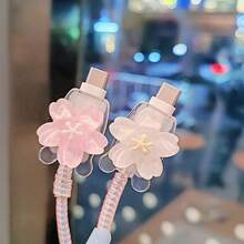 Ốp bảo vệ sạc họa tiết hoa tối giản, phù hợp với bộ sạc nhanh Apple Series 14/13/16/15, ốp bảo vệ sạc 20W, quà tặng lý tưởng - Hoa màu hồng và trắng lượn sóng - Xem 4
