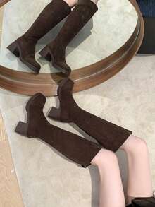 Western Style Casual Buckle Decor Holiday Chunky Heel Over-The-Knee Boots, New Autumn/Winter Slim Fit Square Toe Long Suede Fashion Boots - Brown - View 5