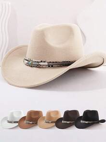 1 Unisex Western Cowboy Hat Imitation Wool Solid Color Cowboy Hat, American Soft Tweed Outdoor Wide-Brimmed Cowboy Hat, Suitable For Festival Parties And Outings.
