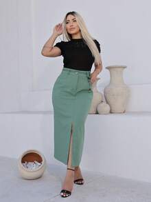 Women's Long Linen Skirt With Front Slit PAULA With Pockets And Drawstring At The Waistband Evangelical - 薄荷綠 - 查看 2