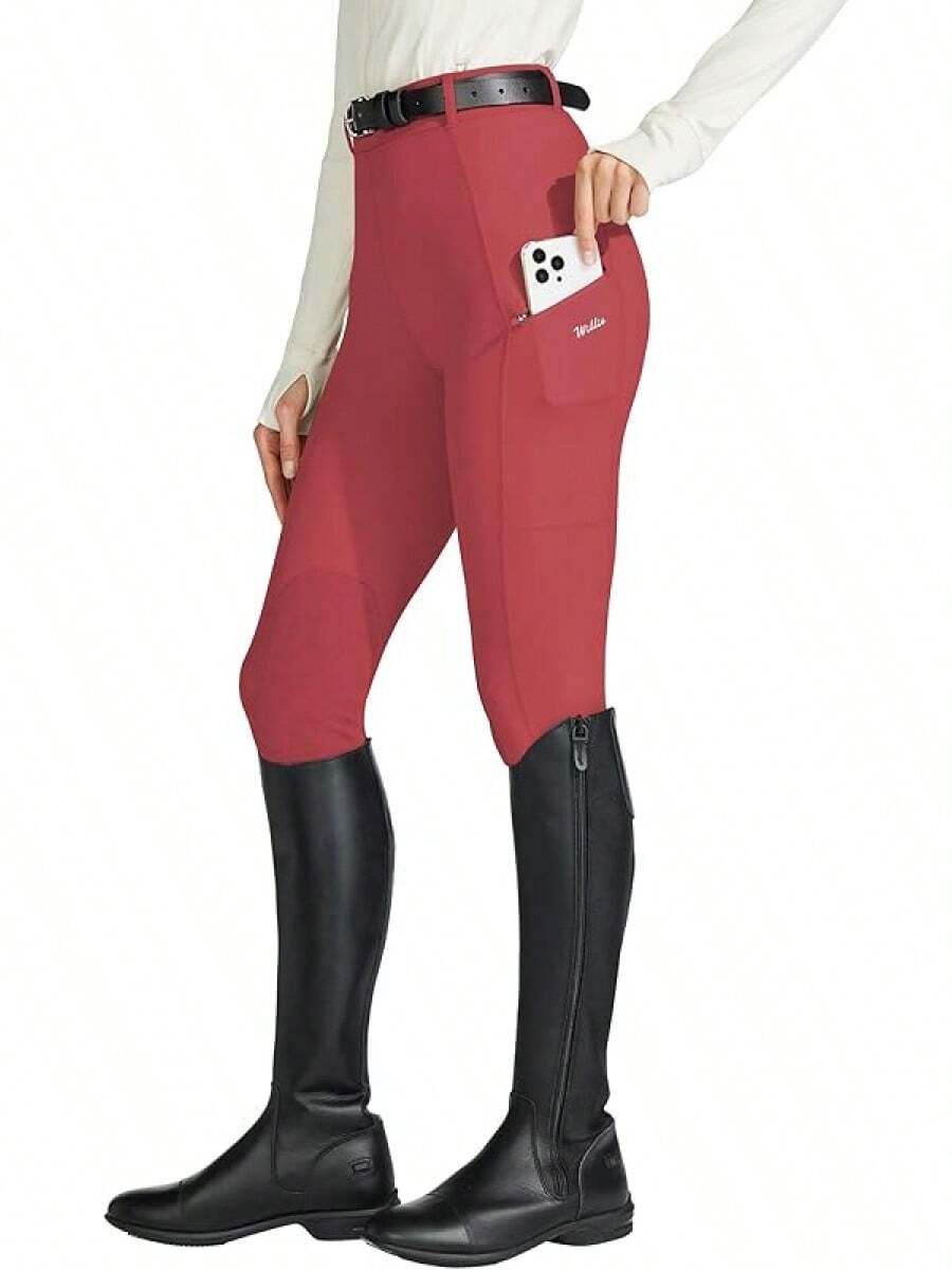 Willit Women's Horse Riding Pants Knee-Patch Equestrian Breeches Horseback Schooling Tights Zipper Pockets - 紅色 - 查看 1