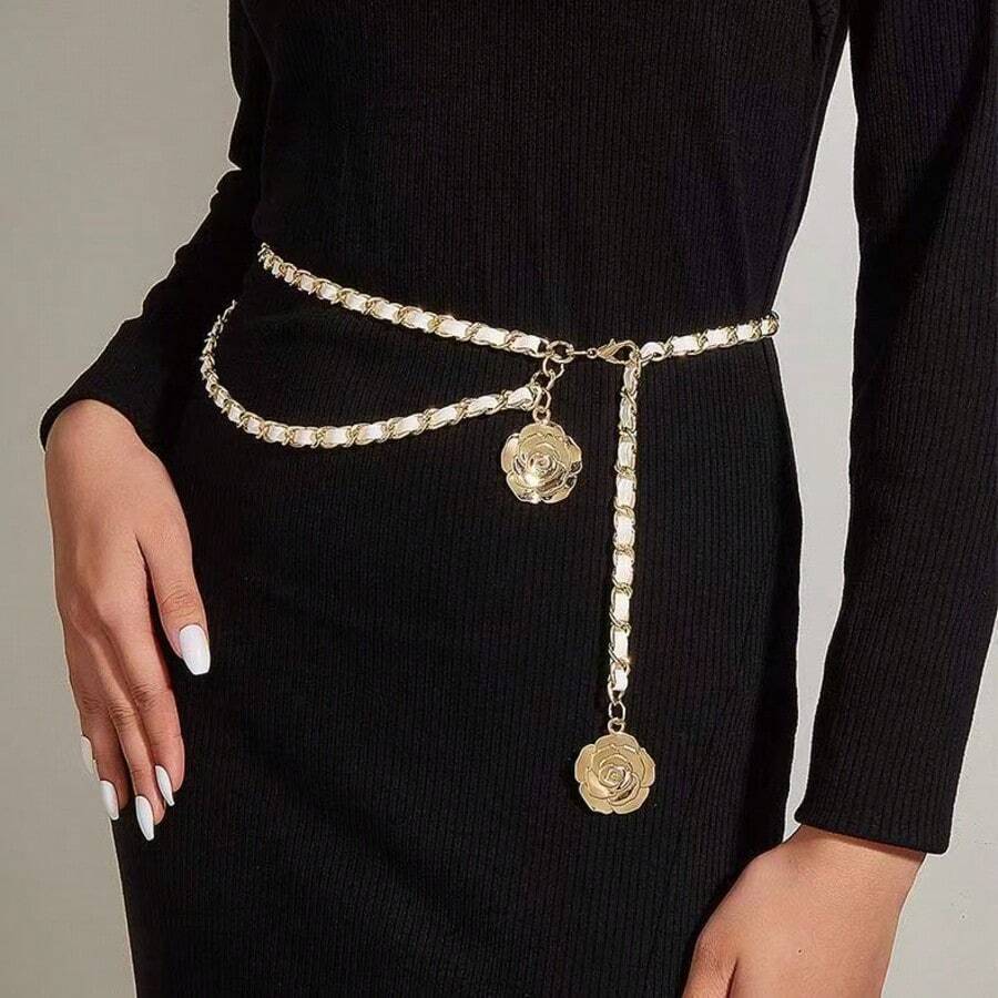 1pc Fashion Creative Rose Pendant Waist Chain, Versatile High-End Women's Apparel Accessory Metal Chain Waist Belt