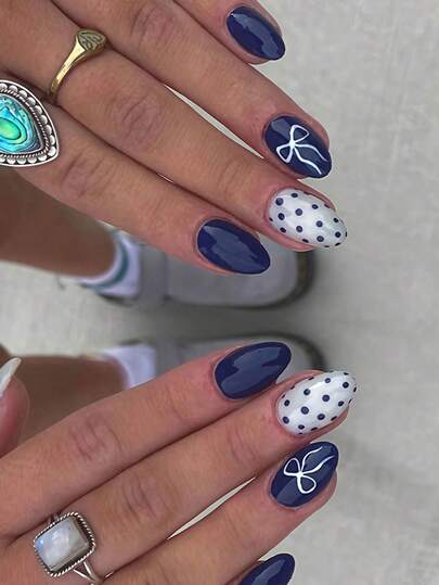 24pcs/Set Minimalist Style Medium Oval Press-On Nails, Vintage Navy Blue Polka Dot & Bow Design, Suitable For Girls And Women For Daily Dates And Parties