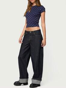 Women's Polka Dot T-Shirt Vintage Short Sleeve Crew Neck Slim Fit Crop Tops Soft Cotton Pullover Shirt Summer Cute Baby Tee Casual Streetwear Going Out Outfit - 藏蓝色 - 查看 5