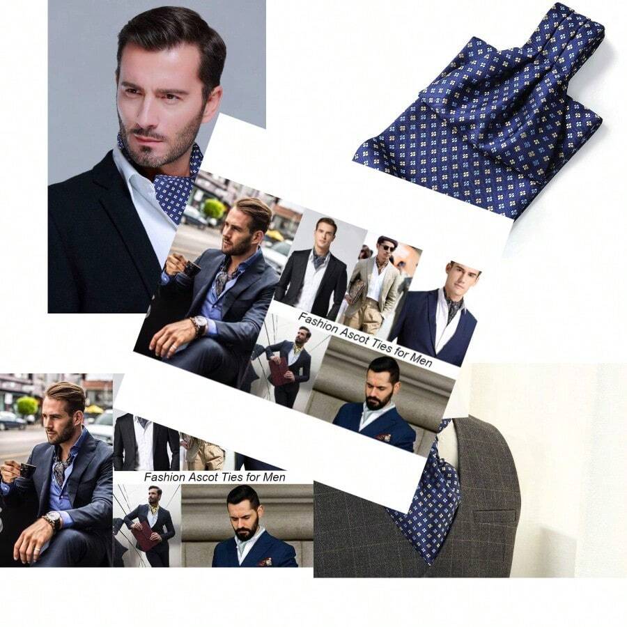 HISDERN Ascot Tie Mens Cravat Ties Floral Paisley Polka Dot Jacquard Self Ascots Cravat Scarf Wedding Party - AaNavyBlueYellow - View 1