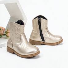 Botas con bordado de tótem de otoño/invierno, nuevas botas occidentales para bebé versátiles, resistentes al desgaste, cálidas y cómodas con estilo minimalista y cremallera lateral - Dorado - Ver 2