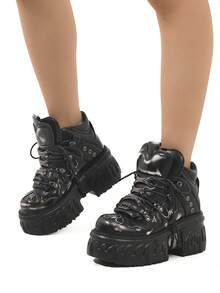 哥特式赛博朋克风格厚底系带高帮运动鞋，复古厚底运动鞋，男女通用时尚