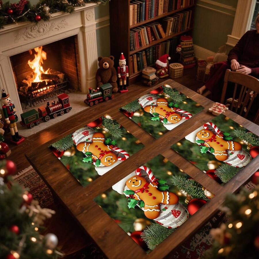 1 Stück/4 Stücke/6 Stücke Weihnachts-Lebkuchen- und Stechpalmen-gemustertes Geschirr, wärmeisolierendes Geschirr, maschinenwaschbares Polyester-Geschirr, schützendes Geschirr, Tischdekoration, Wohnzimmer-Dekoration für den Familienalltag, geeignet für Gruppenzusammenkünfte - Verschiedenfarbig - Übersicht 1