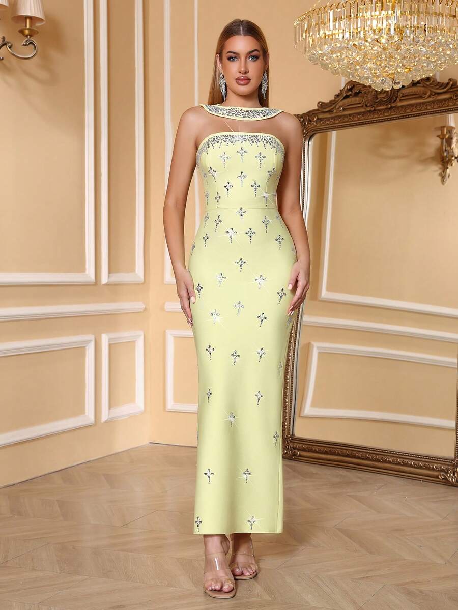 Love Aing Women's Yellow Rhinestone Scarf, Elegant Luxury Formal Evening Gown, Suitable For Formal Dinner, Business Party, Wedding Guest, Date Dress