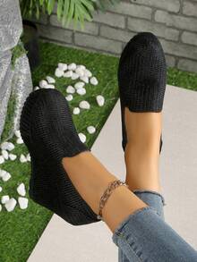 10cm Wedge Heel Elegant Black Comfortable Versatile Slip-On Flats, Suitable For Daily, Vacation, Commute, Party, Valentine's Day Date - Black - View 6