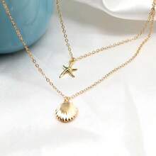 2 Piece Bohemian - Style Layered Necklace Set, 18K Gold - Plated Unisex Clavicle Chains With 3D Seashell & Starfish Charms. Tarnish - Resistant & Lightweight, Perfect For Beach Vacations, Coastal Getaways, Casual Daily Wear, Weekend Brunches & Summer Festivals.