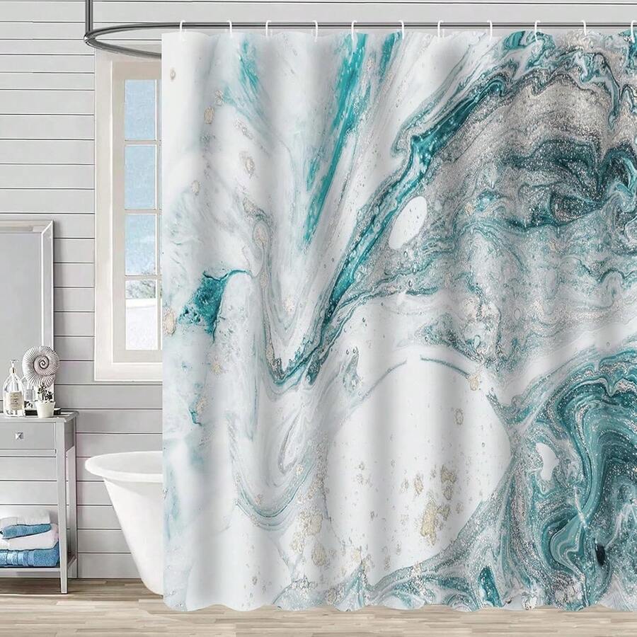 Teal Marble Turquoise Aqua Modern Shower Curtain, Bathroom Decor, Soft And Durable Waterproof Fabric Shower Curtain, Easy To Hang, Machine Washable