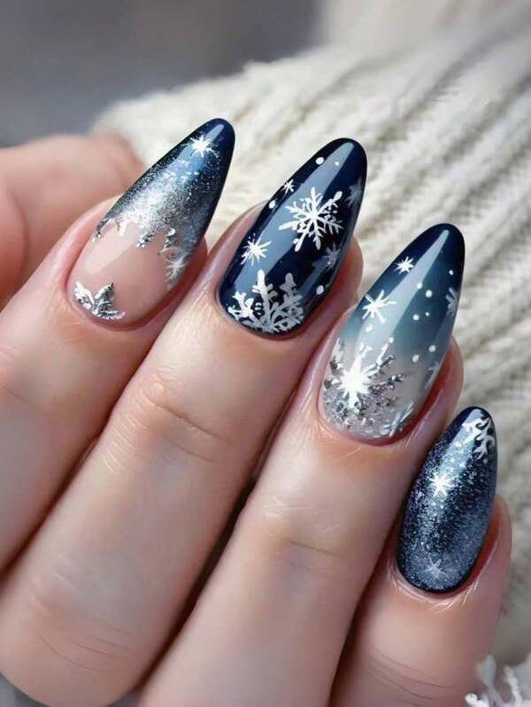 Christmas Nails,Press On Nails Almond,Cute Nails,Santa Claus Snowflake Gingerbread Man Nails,Fall Press On Nails,Press On Nails,Blue Nails