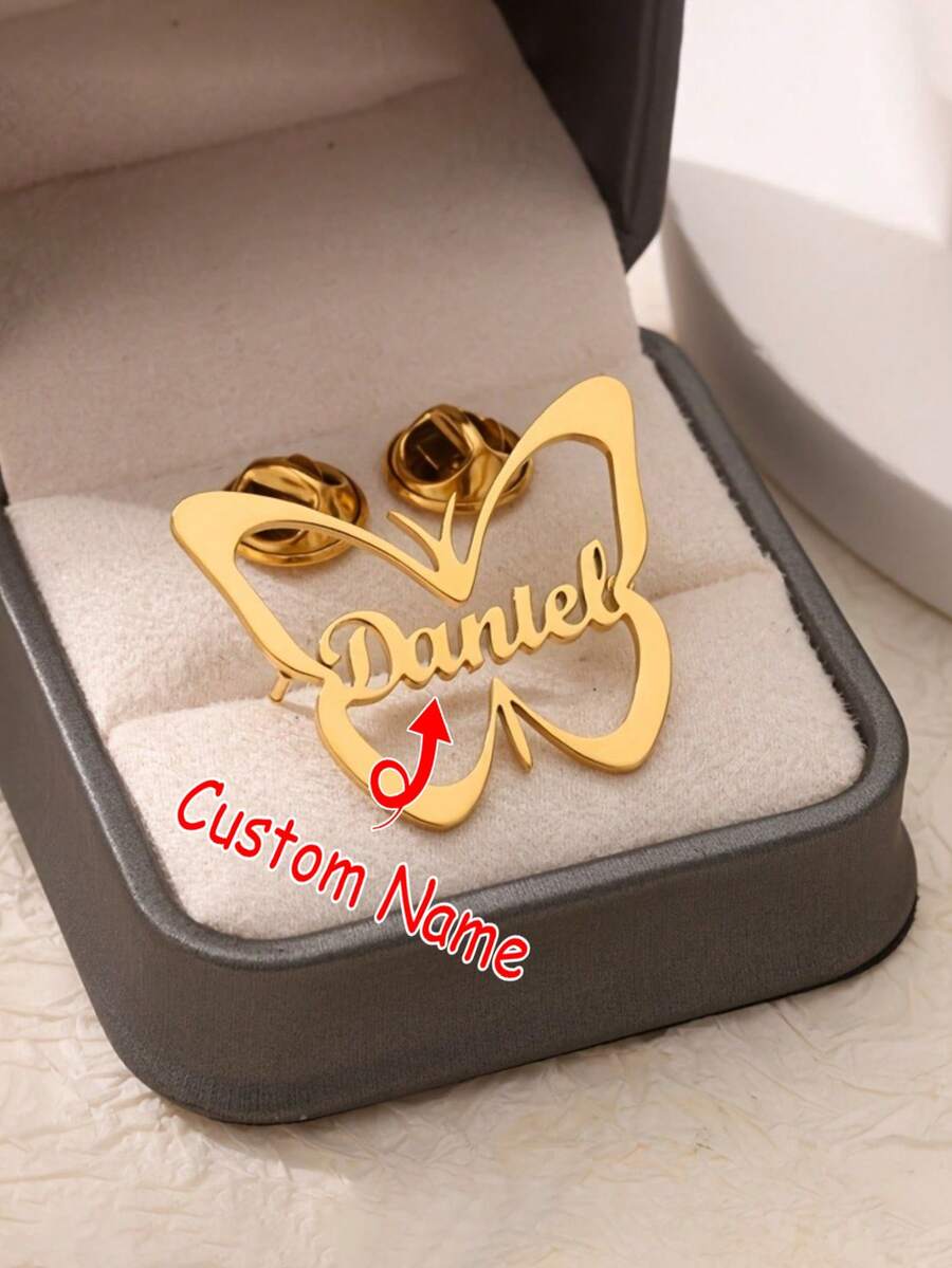 Customized Engraved Butterfly Name Brooch - Stainless Steel Elegant Vintage Accessory, Personalized Mother's Day Gift, All-Season Party Decoration, Classic Design, Gold Plated - Multicolor - View 1