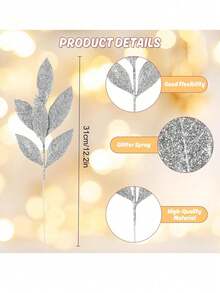 12Pcs Christmas Glitter Bay Leaf, Artificial Christmas Tree Picks Sprays For Christmas Tree Wreath Floral Wedding Bouquet Decoration,Christmas - Silver - View 3