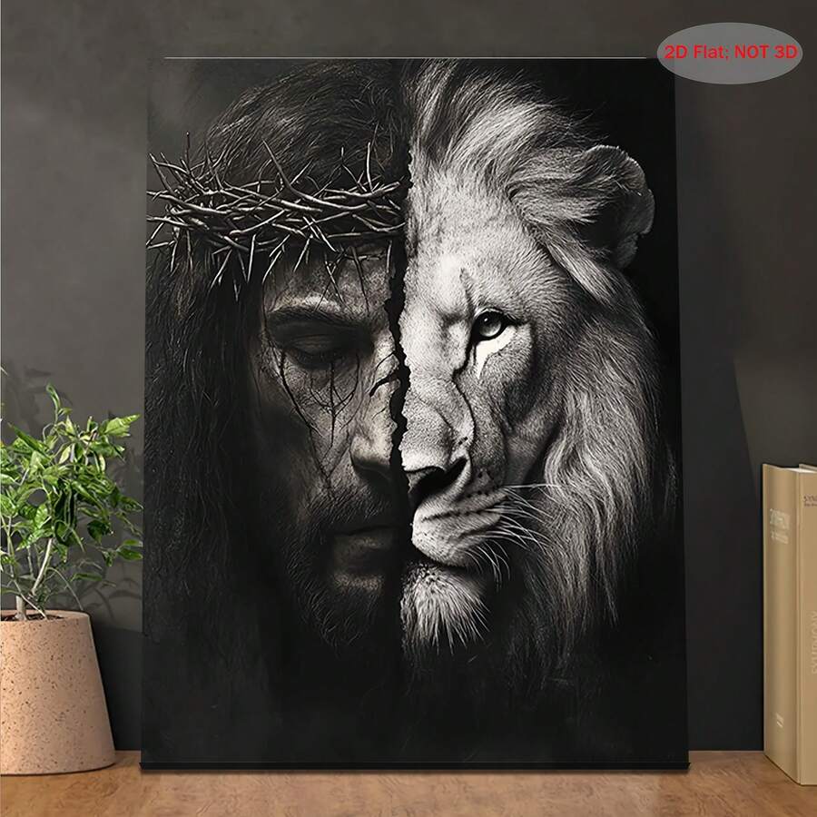 1PC Jesus And The Lion Of Judah Canvas Painting - Black And White Religious Wall Art For Home, Church - Christmas, Easter, Featuring Lion And Jesus Split Face, Vintage Bohemian Style, Modern Wild Lion Wall Decor Art, Wood Frame Wall Art, Framed And Ready To Hang - 彩色 - 查看 1