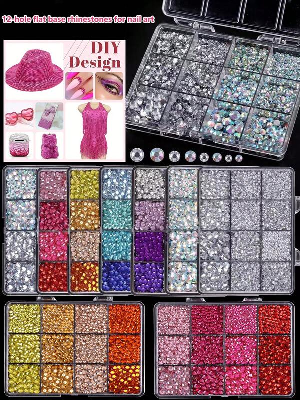 12-Compartment Box Of Multi-Color & Multi-Size Flat Bottom Rhinestones, Nail Art Decorations, DIY For Nails, Phone Cases, Cups, Hair Accessories & Other Decorations, Non-Hot Fix, Suitable For Parties, Body & Face Gems