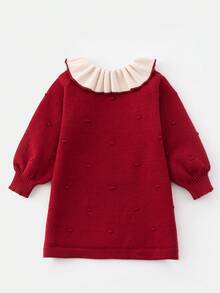 1 Stück süßes und niedliches Mädchen Kleid mit roter Schleife Dekoration und Langarm, Pulloverkleid