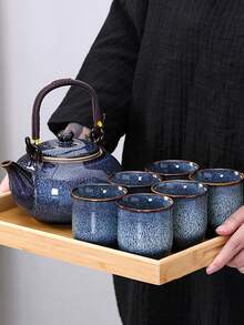 6 pièces Set à thé japonais, service à thé en porcelaine avec glaçure altérée au four, comprenant 1 théière, 6 tasses à thé. Ensemble de thé chinois unique pour amateurs de thé hommes et femmes, accessoires à thé