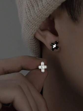 High End Zirconia Earrings For Men, North Star , Niche, Minimalist, Cross Shaped, Personalized, And Handsome Male Earrings