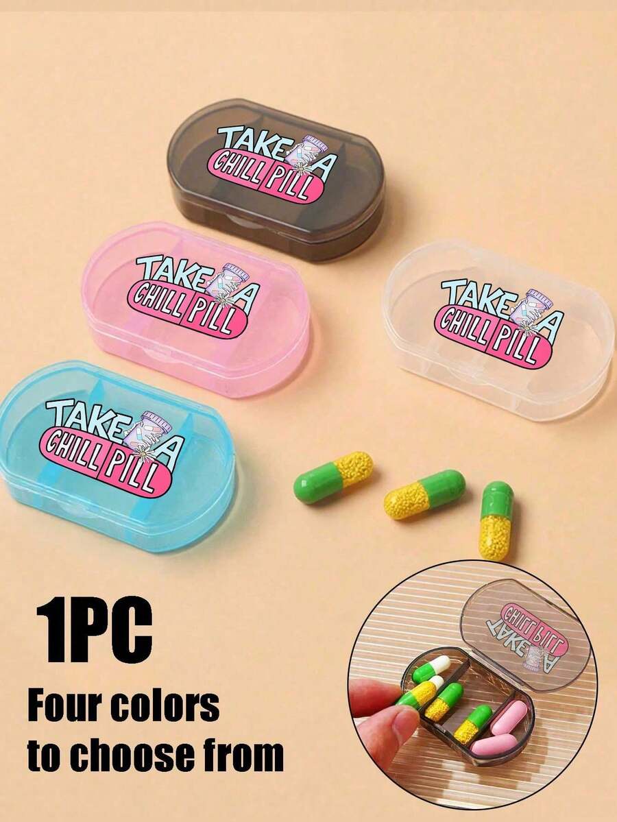 1 Oval Pill Box With Printed Letters And Purple Medicine Bottle Pattern, Three Compartment Portable Pill Storage Box, Mini Storage Box, Portable Jewelry And Medicine Box, Personalized Creative Gift With Letter Logo, Suitable For Travel, Outdoor Activities, Bags, Pockets, Unique Design Decorative Travel Storage Box, Medicine Storage Box