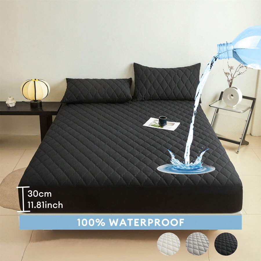 1 pieza Protector de colchón impermeable negro, Sábana ajustable de color clásico (se ajusta a colchones de hasta 30 cm), Capa superior de fibra sintética, Capa inferior de membrana impermeable de TPU acolchada, Relleno de fibra de poliéster, Bloquea el pelo de las mascotas, Adecuado para el cuidado de ancianos (1 pieza de protector de colchón solamente, sin funda de almohada ni almohada incluida)