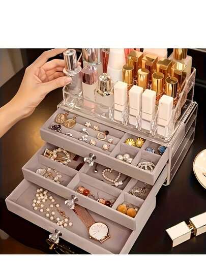 Caixa de joias de veludo de 1 peça, caixa de joias estilo gaveta, caixa de anéis, caixa de armazenamento de brincos, organizador de joias estilo gaveta, caixa transparente, caixa de armazenamento de joias com gaveta de veludo para anéis, colares, pulseiras, brincos e pingentes