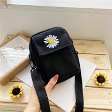 Women's Daisy One Shoulder Bag, Canvas Crossbody Bag, Minimalist Chic Phone Pouch, Solid Color Casual Handbag, Outdoor Zipper Messenger Bag