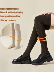 女士纯色舒适过膝袜，冬季保暖过膝袜，秋冬季纯色保暖过膝长袜，加厚保暖过膝长袜，加厚膝上袜，秋冬季室内保暖袜。情人节礼物。 - 彩色 - 查看 3