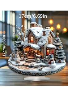 Decor de birou acrilic 2D multifuncțional, stil boho, casă de Crăciun - casă de zăpadă cu om de zăpadă și copac - cadou ideal de sărbători pentru acasă și la birou