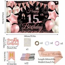 Black Pink Happy 15th Birthday Banner Backdrop Kit With 12 BalloonsCake Topper1.8m X 1.15m Birthday Decorations For Parties Photography Premium Party Supplies For Women Girls