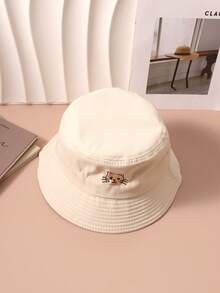 1pc Women's Beige Embroidered Cat Canvas Bucket Hat, Unisex Regular Style, Fashion & Versatile Sun Hat