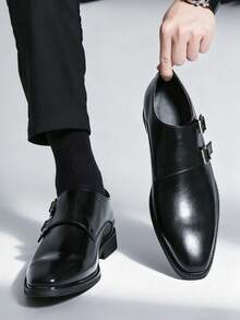 经典复古男士孟克带皮革正装鞋，尖头双扣一脚蹬乐福鞋，绅士正装鞋，适合中年人、年轻人、学生返校、毕业典礼、办公室、派对、婚礼、新郎、春夏秋季、大码正装/商务正装 - 雙搭扣孟克正裝皮鞋 - 查看 21