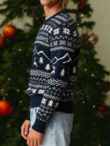 男士毛衣，美式街头风圣诞树、雪花、圣诞鹿图案，复古休闲宽松假日针织套头衫，秋冬款 - 藍色 - 查看 4