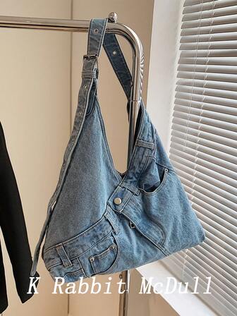New Fashion Street Jeans Shoulder Bag, Versatile Commuting Large Capacity Women's Crossbody Bag, Casual Chic Washed Jeans Hobo Bag, Suitable For Commuting And Shopping., Perfect For Cow Girl