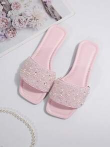 Sandalias de mujer talla grande con perlas blancas, nuevas sandalias planas con cristales y puntera cuadrada para primavera/verano, diapositivas con un solo tirón con cristales de moda, chanclas de playa de verano, chanclas de plástico antideslizantes para interiores/exteriores