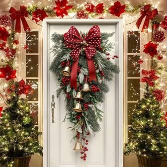 1 件圣诞花环，配金色铃铛和红色丝带，涤纶门罩横幅，70.8x35.4 英寸，节日家居前门装饰，节日活动装饰派对横幅