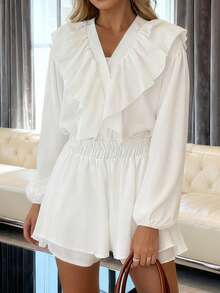 Women Summer 2 Piece Outfits Stylish Solid Color Long Sleeve V Neck Botton Up Ruffled Tops And Elastic Waist Shorts Set - trắng - Xem 3
